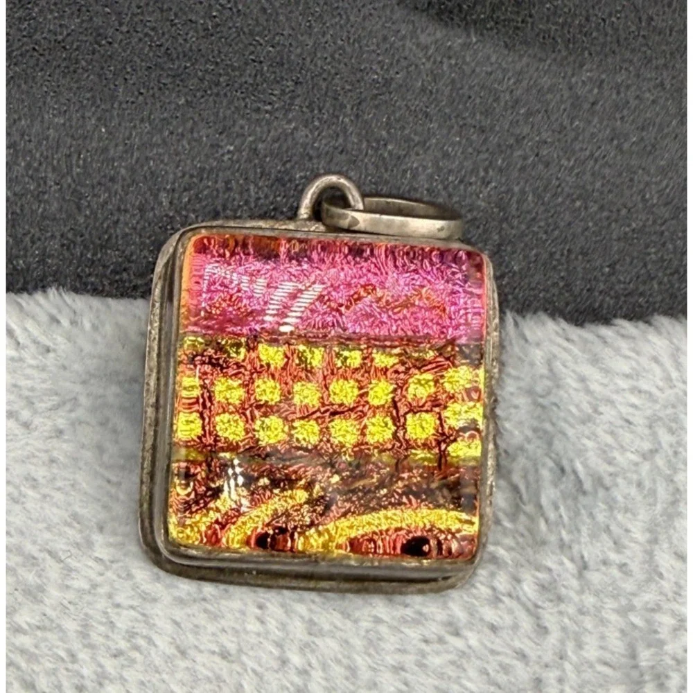 Vintage Dichroic Glass Pendant Pink Yellow Sterling Silver
